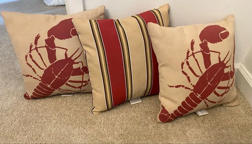 Set of 3 Hampton Bay Coastal Lobster & Stripe Throw Pillows Nautical Beach Decor